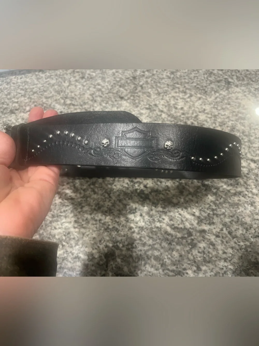 Harley-Davidson Black Leather Studded Belt with Skull Embossing